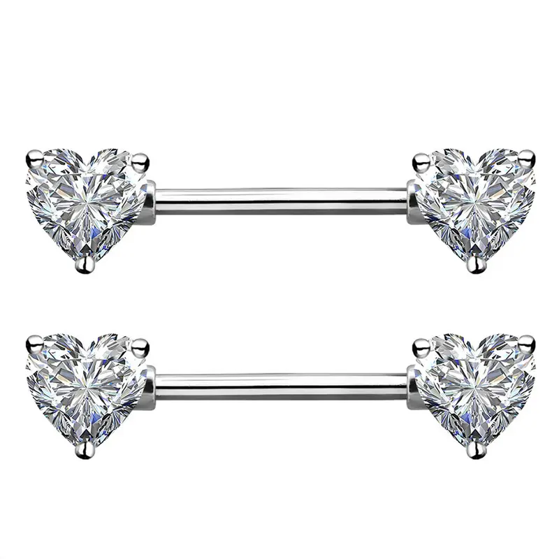 2pcs 14g Surgical Steel Nipple Ring Barbell Heart Cz Women's Nipple Rings Piercing Shield Body Jewelry Body Piercings, Geometric Style, All Seasons
