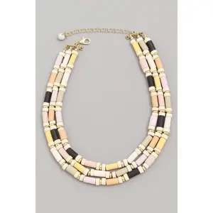 Three Layer Necklace with Beaded Design, Featuring Pink, Black, and Light Beige Accents, Elegant Chain