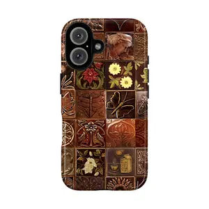 Dark Academia Embossed Phone Case for IP 17 16 15 14 13 12 11 Pro Max XR Xs, Vintage Artisan Tile Phone Case, Antique Chocolate Tile Tough Case, Butterfly Botanical Cottagecore Brown Phone Case for SS S25 - S22 Ultra Plus