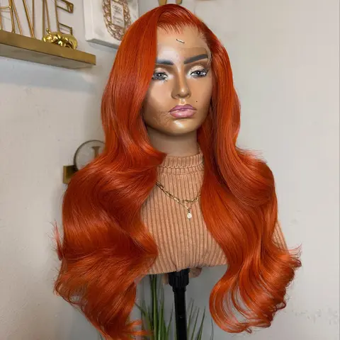 38inch 40inch Body Wave Ginger Orange Colored Human Hair Pre Plcuked Transparent Lace Front Wig for Woman 180% Density 13X4 Lace Frontal Wig with Baby Hair Can Be Restyled