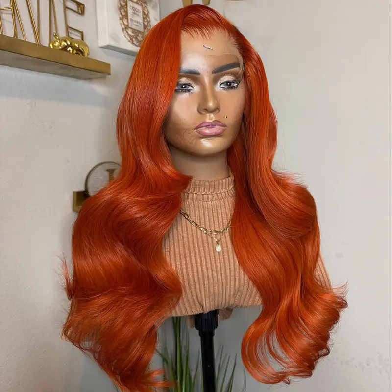38inch 40inch Body Wave Ginger Orange Colored Human Hair Pre Plcuked Transparent Lace Front Wig for Woman 180% Density 13X4 Lace Frontal Wig with Baby Hair Can Be Restyled
