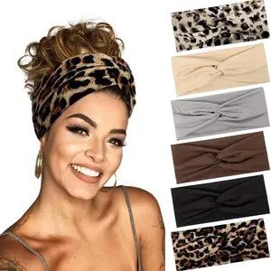 Bohemian women's headband, wide headband, soft elastic fabric headband, leopard print combination cross sports headband - suitable for running, yoga, gym, makeup - anti slip hair accessory set