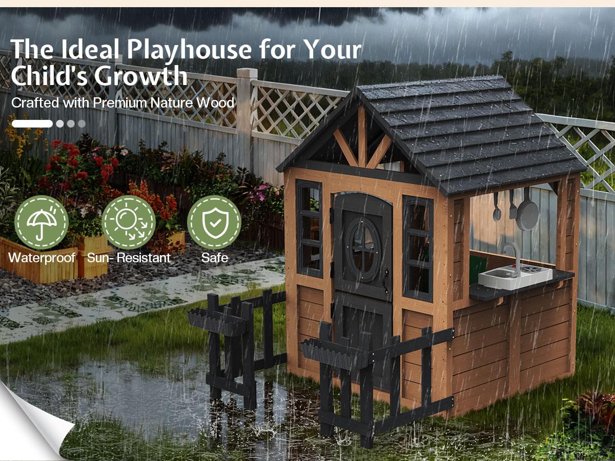 ALBOTT Kids Outdoor Wooden Playhouse with Kitchen Set, Durable Fir Wood Construction with Waterproof Roof & Rust-Resistant Hinges, Pretend Playhouse for 3–8 Years Old Boys & Girls