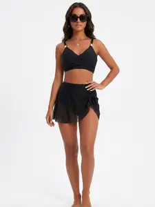 Sunkiss 3 Piece Bikini Set with Sheer Mini Skirt Cover Up, Halter High Cut Slimming Swimsuit for Women Summer Night Out Beachwear