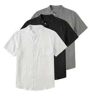 Men’s Hawaiian-style linen short-sleeve shirt with a stand collar; men’s retro design summer casual stand-collar top—comfortable yet stylish, breathable and lightweight casual wear.