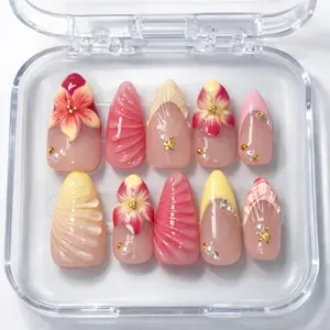 Sugarcoat Nails Handcrafted Luxury Colorful Press-On Nails with 3D Art | Reusable & Sturdy, Glue Included - Pink Floral French Tips, Almond