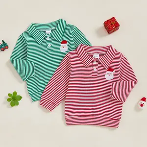 Toddler Baby Boy Girl Christmas Outfit Striped Santa Claus Embroidery Long Sleeve Waffle Polo Shirt