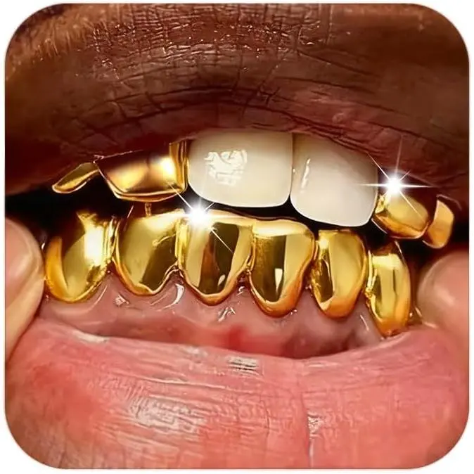Longita 1 Set Gold Teeth Grillz for Women Grills for Your Teeth Men Gold Tooth Cap Grillz for Women Golden Tooth Jewelry Mouth Grills Men Hip Hop Rapper Outfits Custom Accessory Hallowe