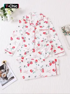 2 pieces of women's strawberry printed Fitted long sleeved pants Knit Pajama sleepwear set with pockets suitable for all seasons, comfortable, trendy, energetic, elegant and casual home wear Loungewear