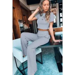 Ribbed Crop T-Shirt and Wide Leg Pants Lounge Set