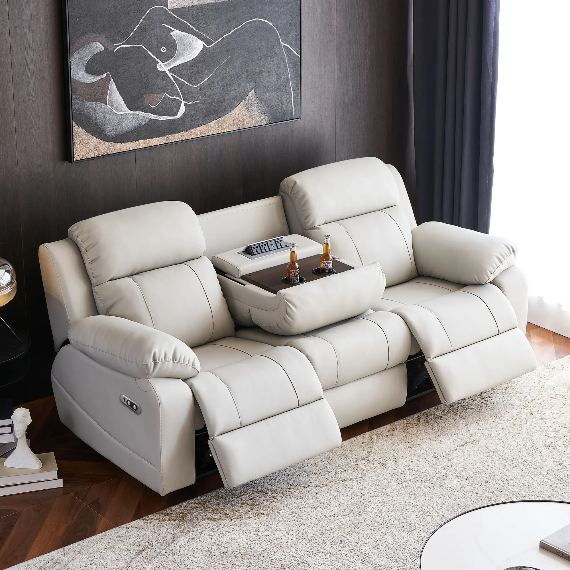 3 Seater Power Recliner Sofa, Home Theater Seating with Drop-Down Console, Cup Holders, USB/Type-C Ports & Power Outlets, 5-Min Tool-Free Assembly Reclining Couch