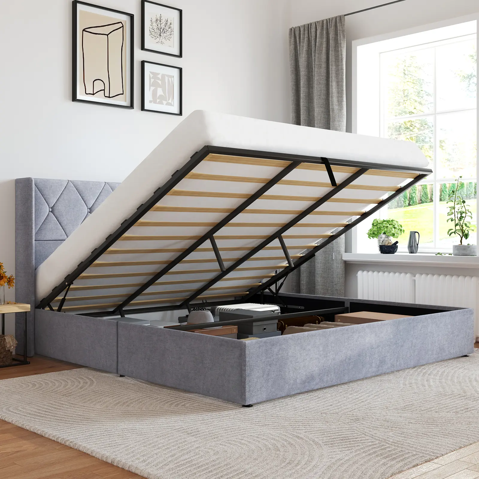 Sweetcrispy  Tufted Upholstered Platform Bed Frame - Wingback Tufted Headboard, Hydraulic Lift-Up Storage, Sturdy Modern Riser Bed, High Weight Capacity, Gray, Tufted Upholstered Bed