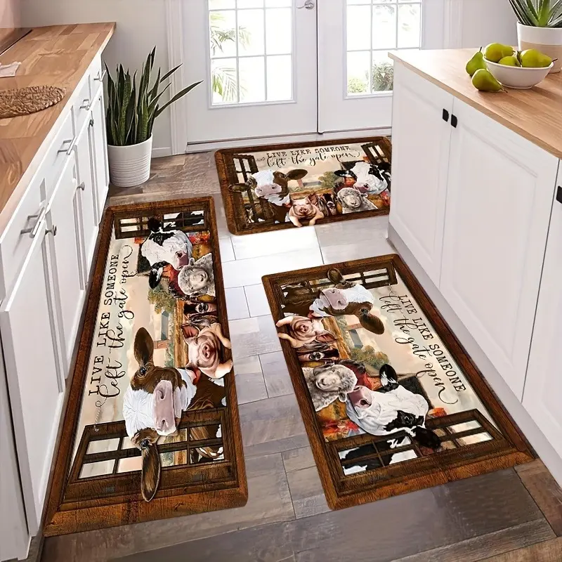2/3pcs Farmhouse Style Kitchen Mat | Non-Slip Suede, Machine Washable, Lightweight Rectangular Animal Carpet, Suitable for Bedrooms, Living Rooms, Dining Rooms, Kitchens, and Bathrooms