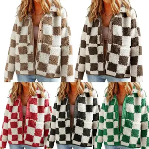 Jacket for Women Plaid Long Sleeve Lightweight Fleece Jacket Button Down Checkerboard Sherpa Coats Fall Outwear