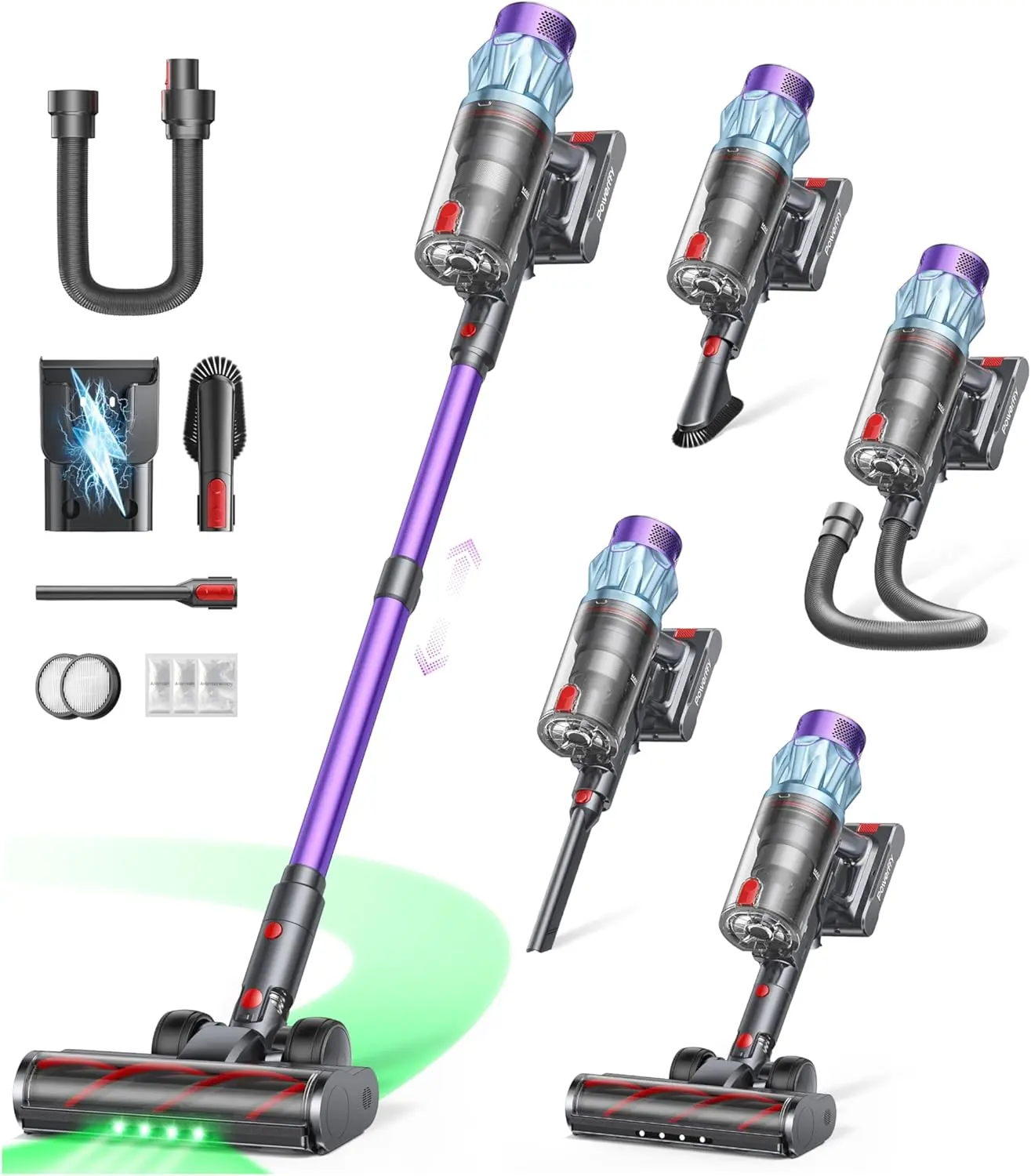 Powerffy Knight 11 Cordless Vacuum Cleaner 70min/650W/55KPA, Self-Standing Vacuum Cleaners for Home with 3.3Ft Hose & Auto Mode, Wall Mount Charging, Stick Vacuums with Fragrance, Dust-Scraper for Hardwood Floor/Car/Pet
