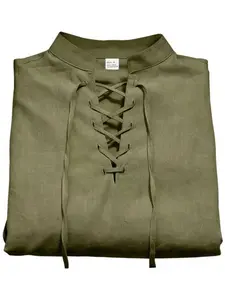 Men's new solid-color retro linen sport Henry shirt, breathable, moisture-wicking and sweat-absorbing, lace-up stand-up collar long-sleeved shirt, daily casual wear essential for men's wardrobes, Athletic Top