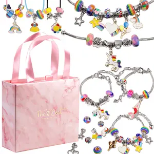 Girls Rainbow Charm Bracelet Set – Unicorn & Heart DIY Beads Jewelry Gift