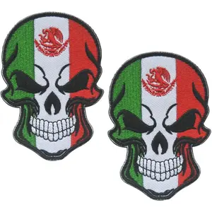 2 PCS Mexican Flag Patches Skull Patches Embroidered Military Morale Patch Hook and Loop