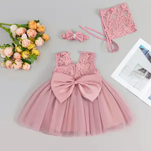 Baby Girls Flower Dress Summer Infant Toddler Dresses Newborn Princess Dress Special Occasion Formal Gowns Pageant Birthday Wedding Party Dresses with Headwear And Bonnet