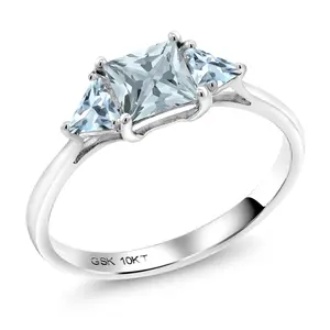 Gem Stone King 10K White Gold Sky Blue Aquamarine 3 Stone Engagement Ring For Women (0.84 Cttw, Gemstone March Birthstone, Princess Center 5MM, Trillion 3.5MM)