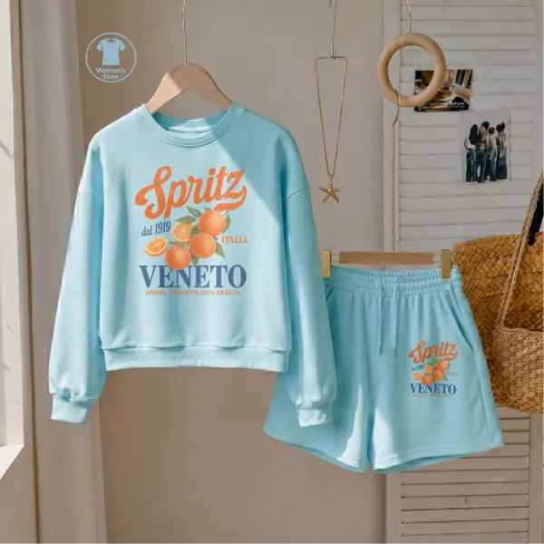 Women’s Fruit Graphic Sweatshirt and Drawstring Shorts Set, Casual 2-Piece Outfit, Long Sleeve Pullover Top and Matching Shorts Set, Cute Lightweight Loungewear for Daily Wear, Travel, Vacation and Spring Fall Fashion