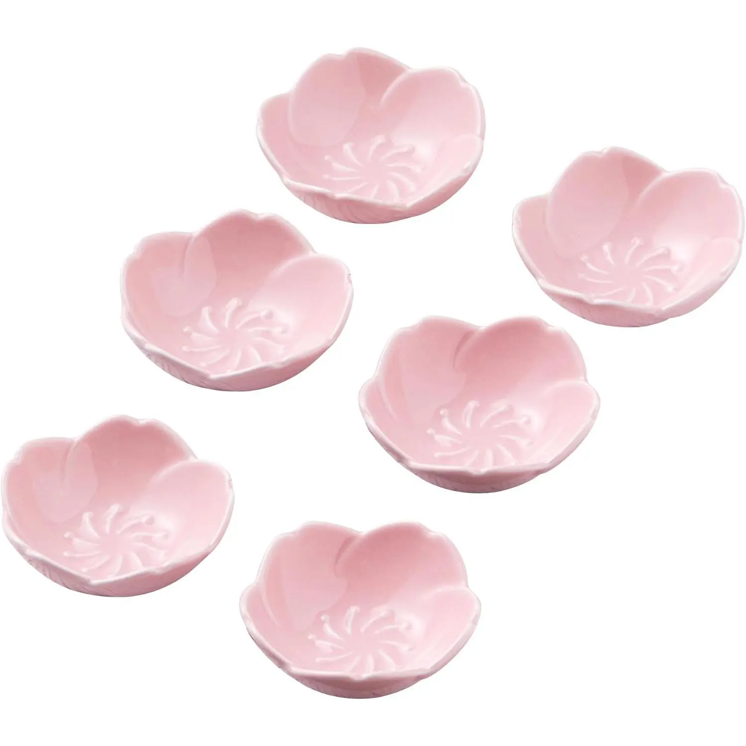 Pink Cherry Blossom Ceramic Sauce Dish, Seasoning Dish, Sushi Soy Dipping Bow, Dessert Bowl, Appetizer Plates, Serving Dish for Kitchen Home (Set of 6, Pink)