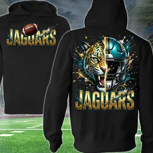 Strong Leopard Football 2 Sided Hoodie, Football Player Sweatshirt, Sports Apparel, Gold & Green Helmet Pullover Classic T-shirt, Graphic Printed Streetwear Top, 100% Cotton, Gift For Fans