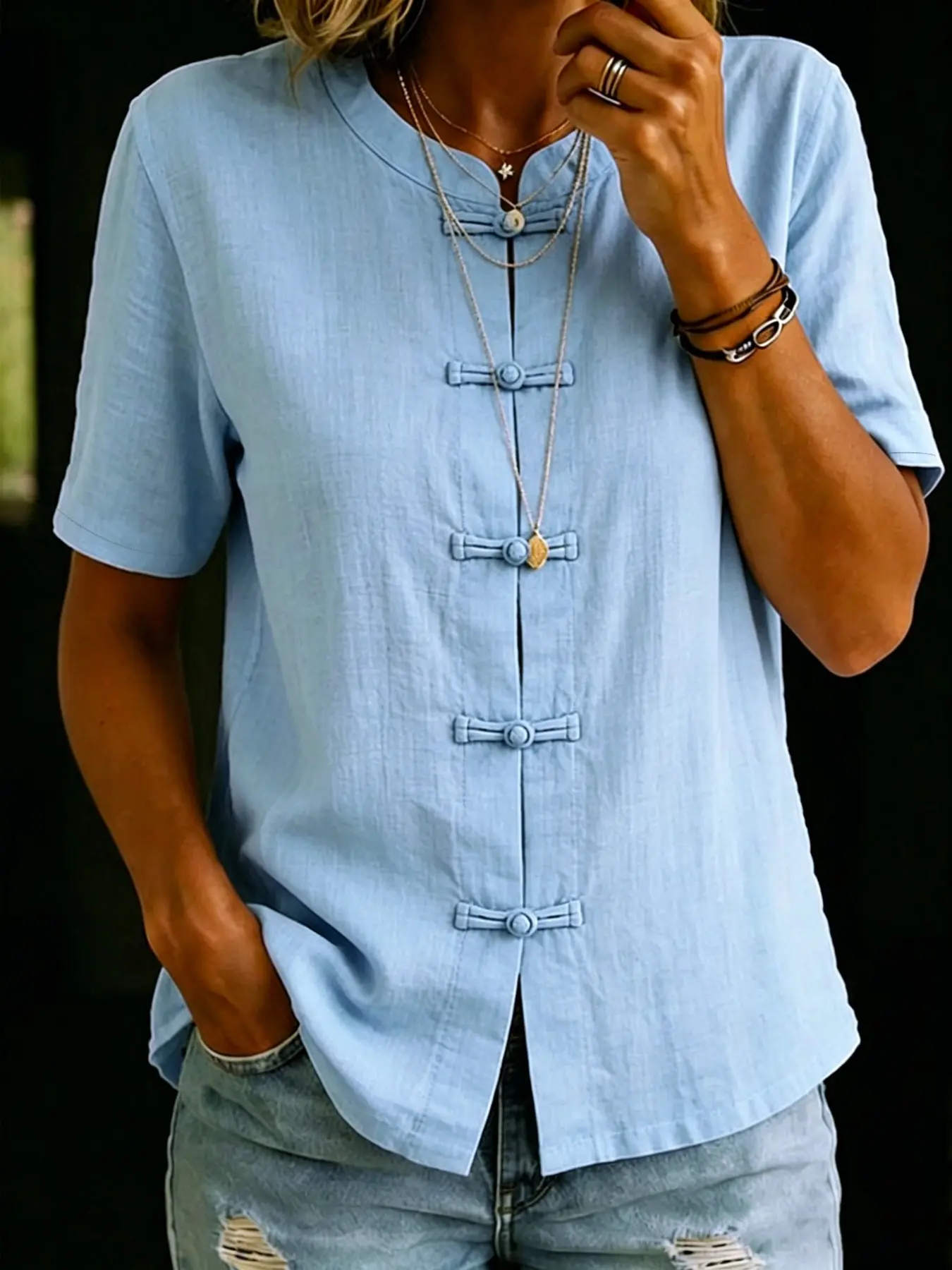 Light Blue New Traditional Chinese Button Front Short Sleeve Shirt Blouses for Women, Summer Breathable Loose Fit Casual Transparent Style National Wind Top
