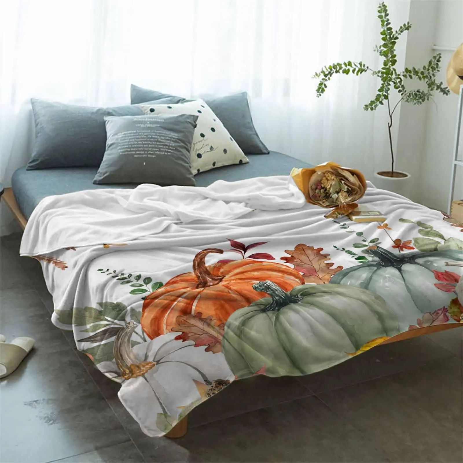Fall Throw blAnket White Pumpkin blAnket Fallen Leaves Fuzzy Bed blAnket,Leaf Fall Botanical Watercolor Pumpkin Warm Flannel blAnket Lightweight 40×50