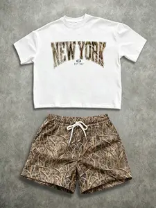 Wild Camouflage Hunting Style Two-Piece Set, High Street New York Letter Print, Summer Versatile, Sporty Loose-Fitting T-Shirt