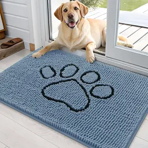 OLANLY Dog Door Mat for Muddy Paws 36x24 Airy Blue Paw Print Design Absorbs Moisture and Dirt Absorbent Non-Slip Washable Doormat Quick Dry Chenille Mud Mat Entry Indoor Entryway Carpet