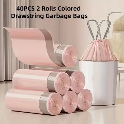 Disposable Polyethylene Drawstring Cute Bags, 4-Gallon Tear-Resistant Degradable Pink-Purple (40 Pcs/2 Rolls) for Regular Wardrobe & Kitchen Use - Home Care Colorful Accents Essentials