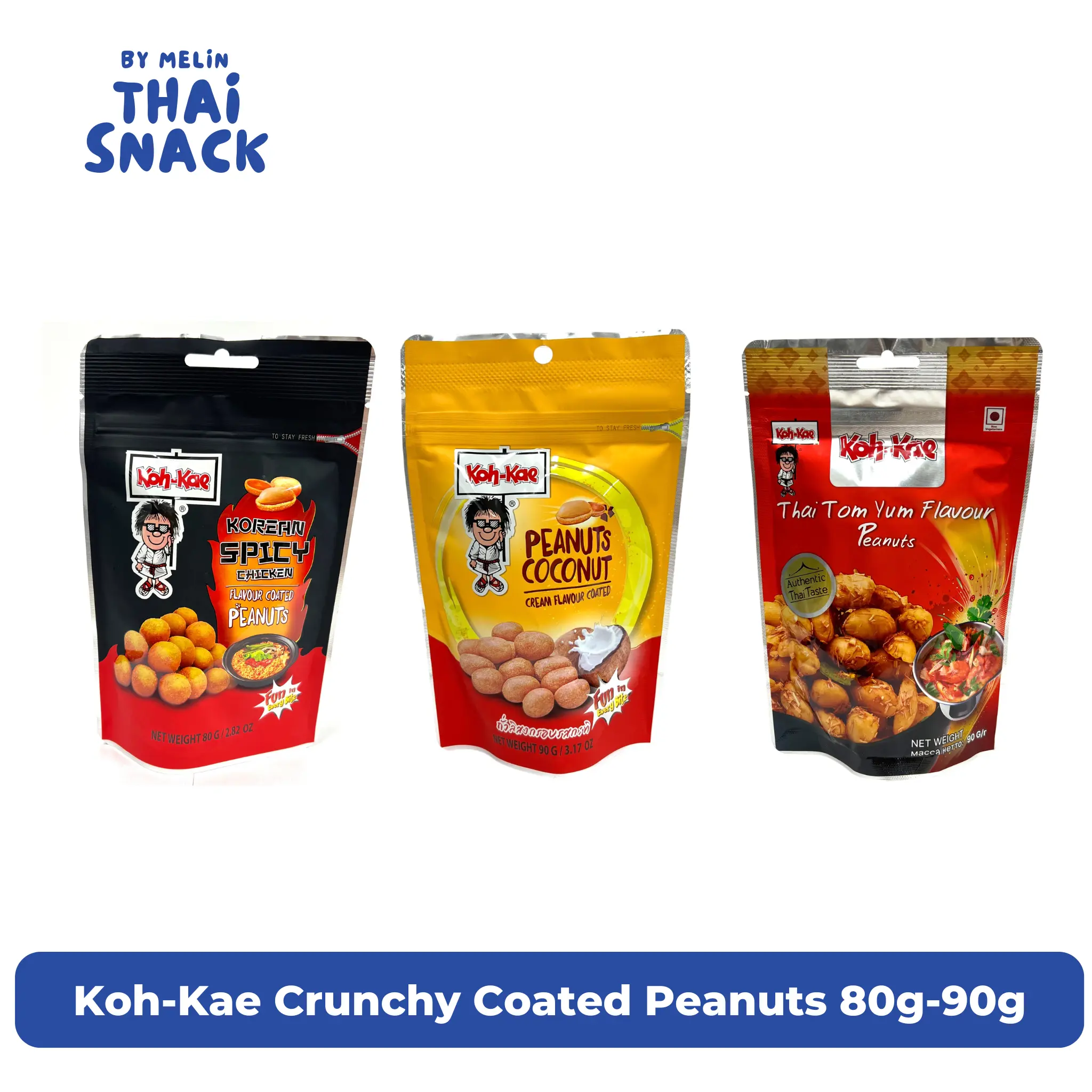 Koh-Kae Crunchy Coated Peanuts - 80-90g Savory Snack with Coating, Spicy, Dry Salt, Coconut Milk, Palm Oil, Tom Yum Seasoning Flavors, Chicken-Infused Option, for Parties & All Ages