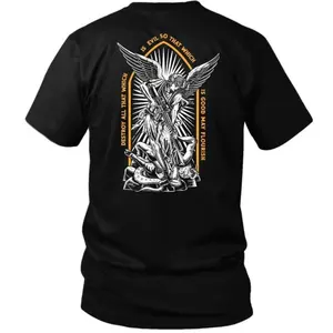 Saint Michael Tactical T Shirt With Angel Warrior Graphic And Good Versus Evil Message, Christian Tactical Apparel For Men Who Stand For Faith And Strength, Military Style Streetwear Shirt For Tactical Lifestyle And Gym Wear