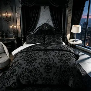 Gothic Damask Skull Comforter Set, 2/3 Pieces (1 Comforter + 1/2 Pillowcases), Soft Durable Polyester Fabric, Black & Grey Baroque Skeleton Pattern, Dark Victorian Aesthetic Bedding for Bedroom, Cool Halloween / Goth Room Decor