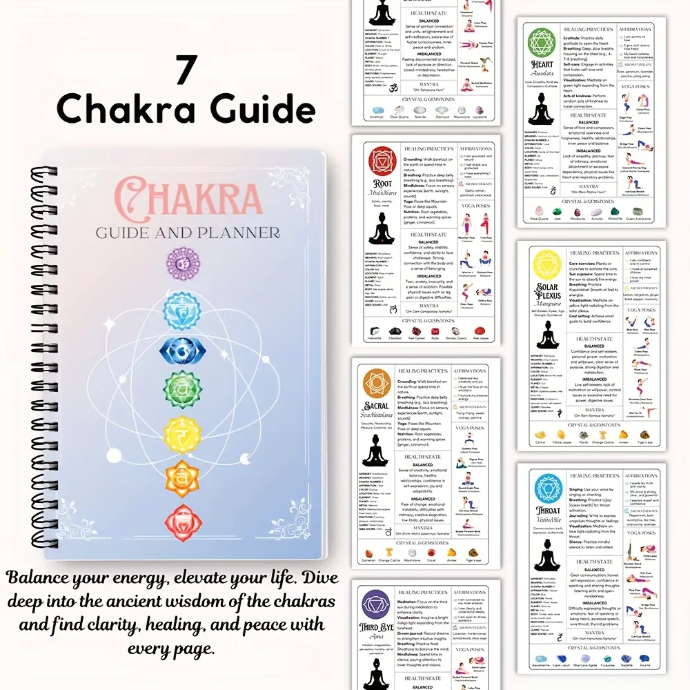 Chakra Guide and Planner Book, 7 Chakra Textbook for Beginners and Healing, Daily Chakra Guided Journal with Meditation Tips, Crystal Grids, Affirmations, Spiral Bound Planner, Wellness Journal