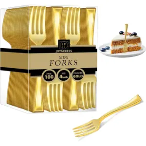 100 PCS Gold Mini Forks Heavy Duty, 4 inch Gold Plastic Fork, Mini Forks for Appetizers, Dessert Fork Disposable, BPA Free, Food Safe, Suitable for All Occasions