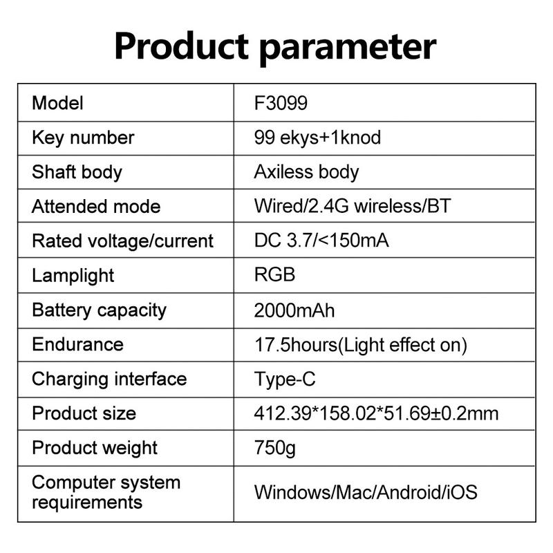 AULA F3099 three-mode wireless keyboard, 99 keys, RGB lighting effect, multi-function knob, light tone film design, compatible with Windows/Mac/iOS system, compatible with computers, notebook computers and mobile phones.