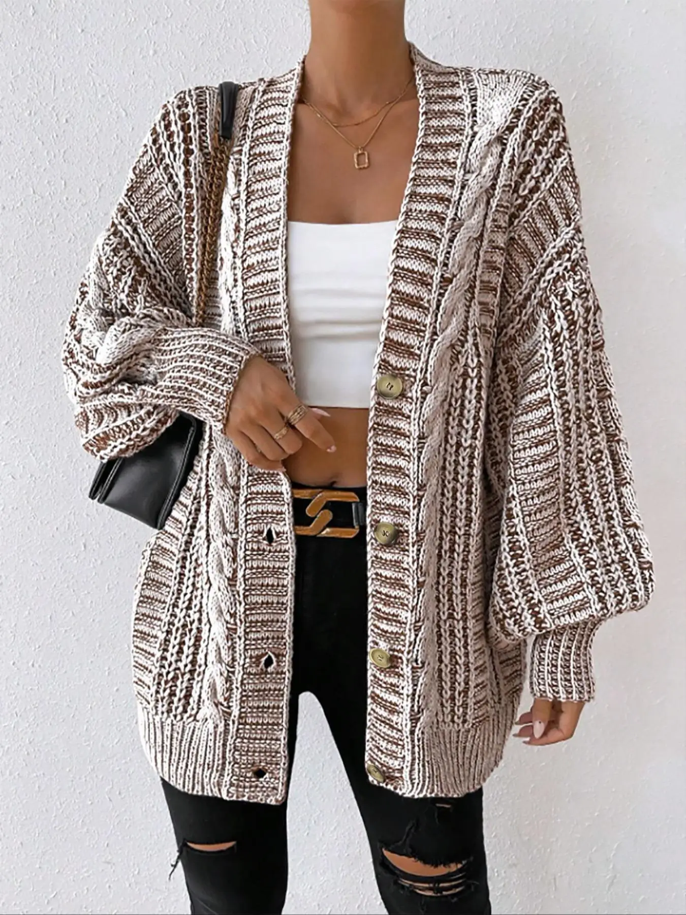 Women's Textured Lantern Sleeve Button Front Cardigan, Elegant Casual V Neck Long Sleeve Cardigan, Ladies Knitwear for Fall & Winter Daily Wear