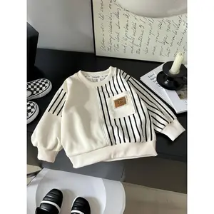 Boys' Long-Sleeve Pullover Sweatshirt, Autumn/Winter Children's Base Layer, and Young Kids' Sweatshirt, Chest Embroidered Pocket Logo, Asymmetrical  Stripes, Beloved by Kids, Casual, Fashionable, Cute, Printed, Embroidered, Children's Fashion