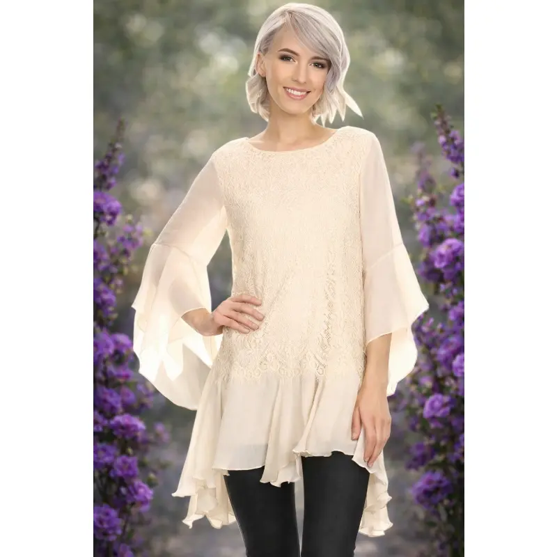 Sassy Bling Beige Lace Sharkbite Hem Layer Tunic