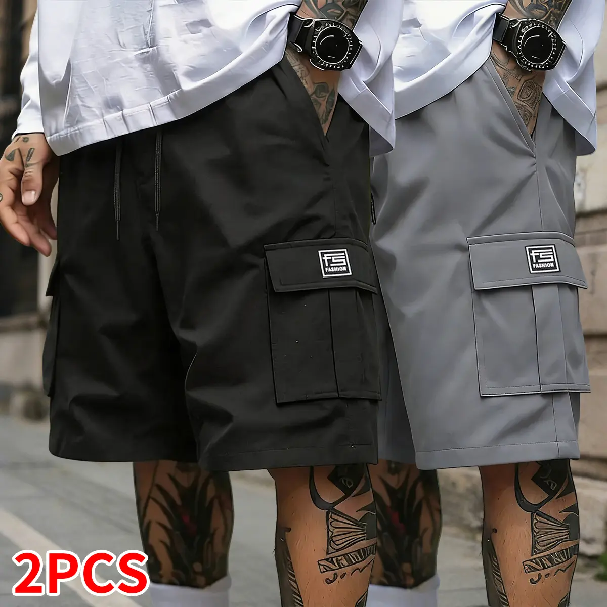 Men’s shorts set (2 pieces): summer shorts with multifunctional pockets, solid color, drawstring elastic waistband; suitable for outdoor fitness, running, and casual wear; men’s casual cargo shorts, summer menswear.