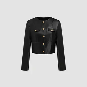 Cider [size 2-10] Faux Leather Round Neckline Solid Pocket Button Jacket