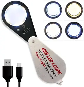30X Jewelers Loupe Magnifier with UV and LED Lights, Four Types of Light, USB Rechargeable Illuminated Eye Loop Foldable Jewelry Magnifying Glass for Gems, Currency, Diamond, Coins,Watches,Stamps
