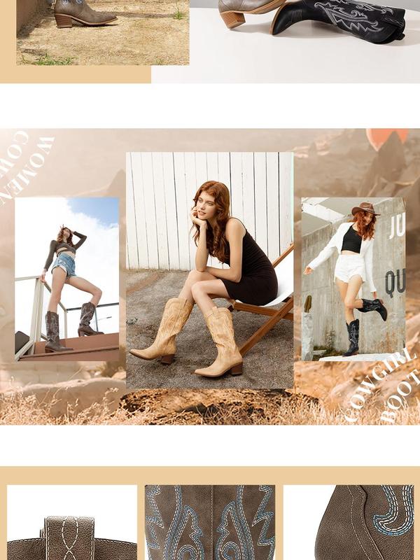 Athlefit Women's Embroidered Western Cowboy Boots Fashion Pointed Toe Chunky Heel Mid Calf Cowgirl Boots Walking Shoes Footwear