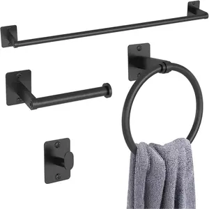 Matte Black Bathroom Accessories Set, 4 Pieces Bathroom Hardware Set, Includes 24 inch Towel Bar, Robe Towel Hooks, Toilet Paper Holder, Wall Mounted Towel Racks for Bathroom