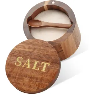 Salt Cellar, Acacia Wood Salt Container with Built-in Spoon & Swivel Lid, Engraved SALT Box, Salt Holder Bowl for Countertop Seasoning Storage