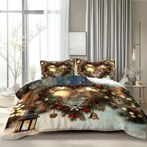 MOKALALA 2/3 piece Christmas theme quilt set, holiday bedspread combination, comfortable bedroom supplies 1 quilt cover + 1/2 pillowcase, happy Christmas winter holiday gift ideas