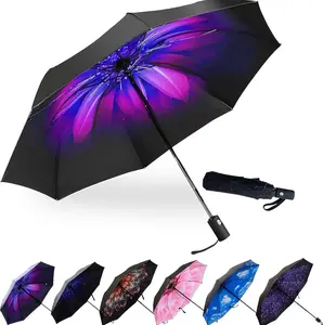Compact Travel Umbrella, 44" Canopy, Automatic Open/Close Windproof Umbrella, 210T Pongee, 8-Rib Fiberglass, Travel Size Mini, Portable Rain/Sun Umbrellas UPF 50+ with Cover