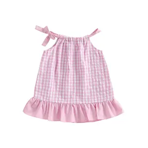 Toddler Girl Clothes Summer Gingham Plaid Dress Beige Tie Shoulder Spaghetti Strap Sleeveless Ruffle Trim Cami Dress 6M 12M 18M 24M 2T 3T